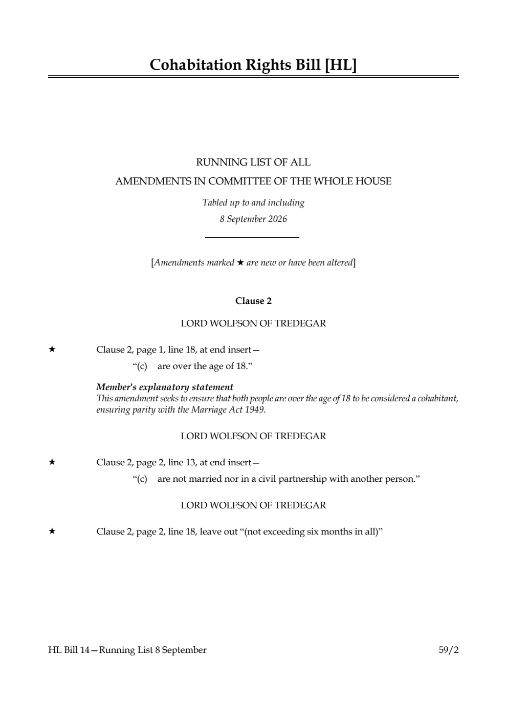 Cohabitation Rights Bill Running List of all amendments in Committee of the Whole House tabled up to and including 8 September 2026