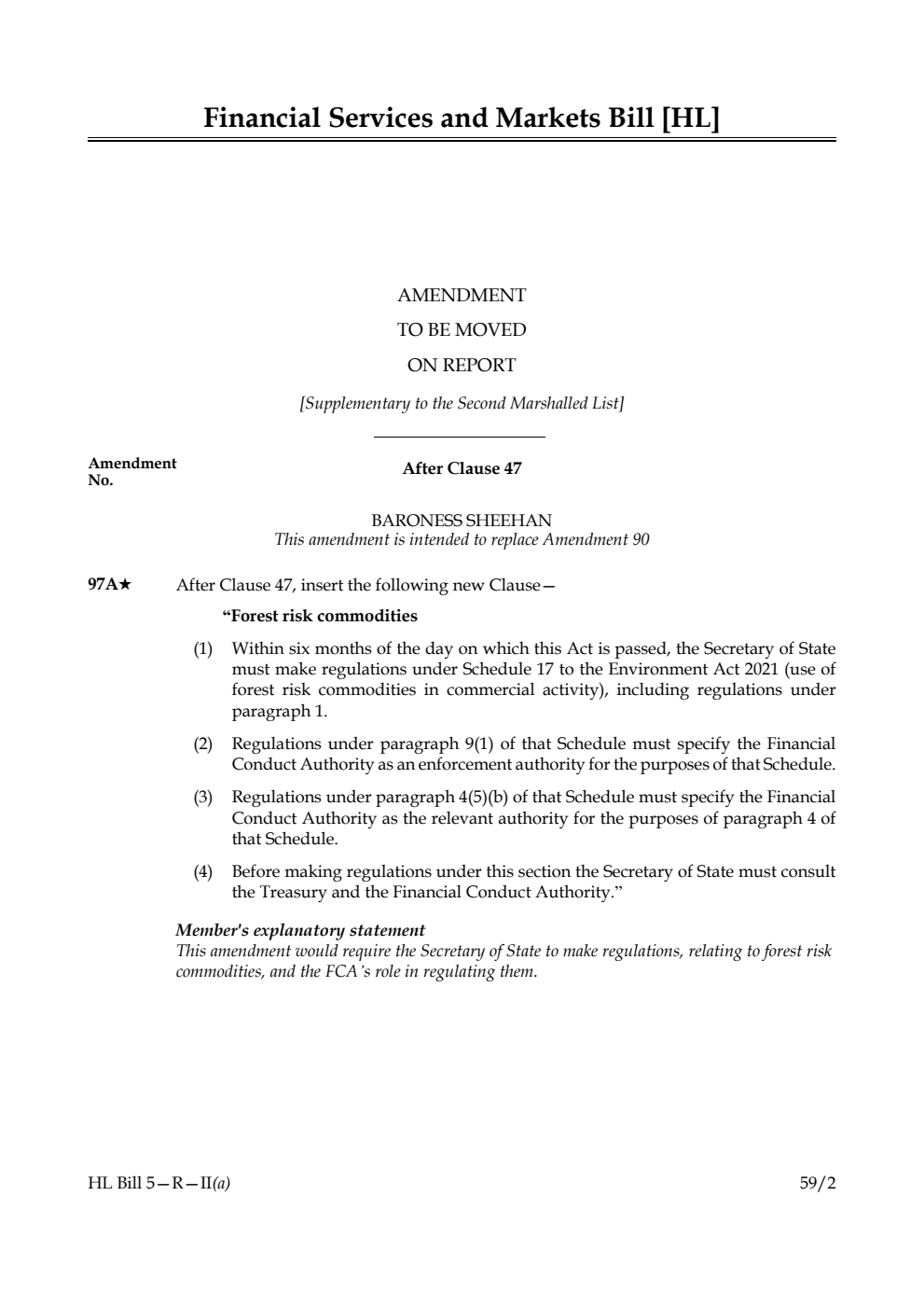 Financial Services and Markets Bill Amendment to be moved on Report [Supplementary to the Second Marshalled List]