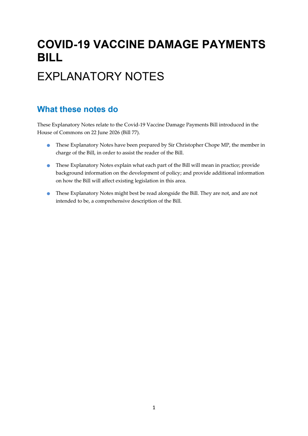 Covid-19 Vaccine Damage Payments Bill Explanatory Notes