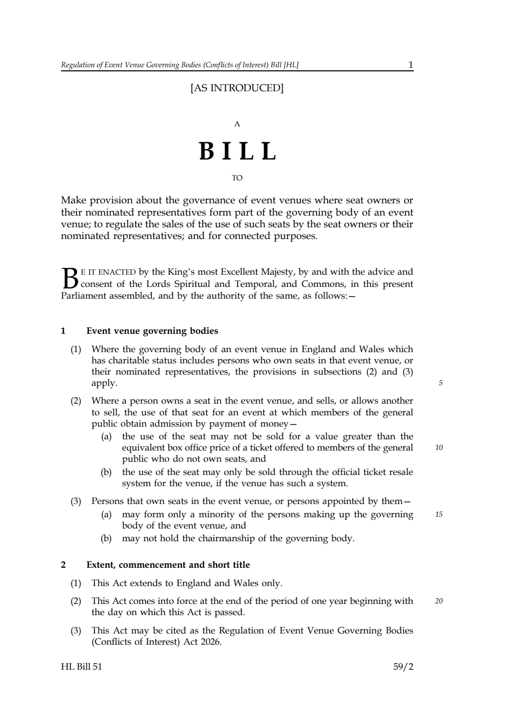 Regulation of Event Venue Governing Bodies (Conflicts of Interest) Bill