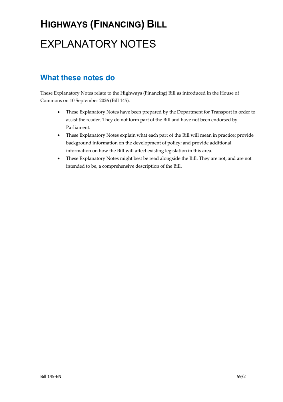Highways (Financing) Bill Explanatory Notes