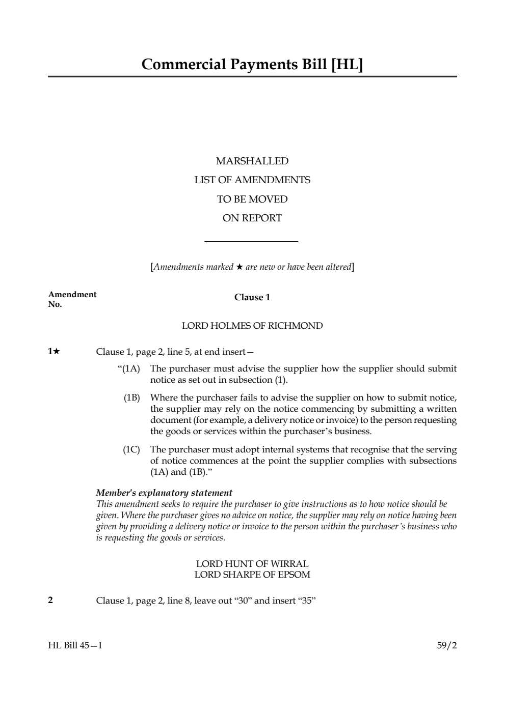 Commercial Payments Bill Marshalled List of amendments to be moved on report