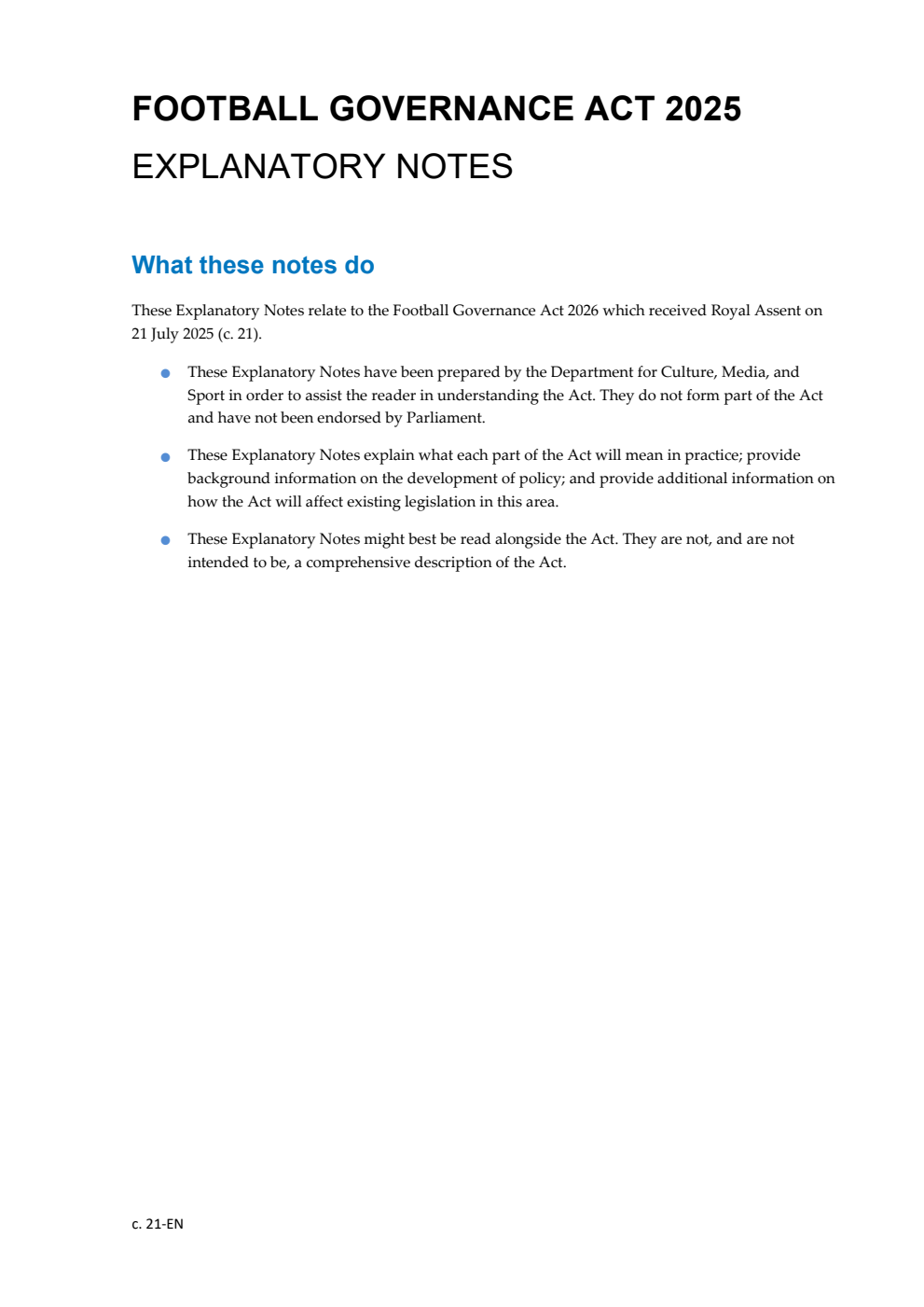 Football Governance Act 2025: Chapter 21 Explanatory Notes