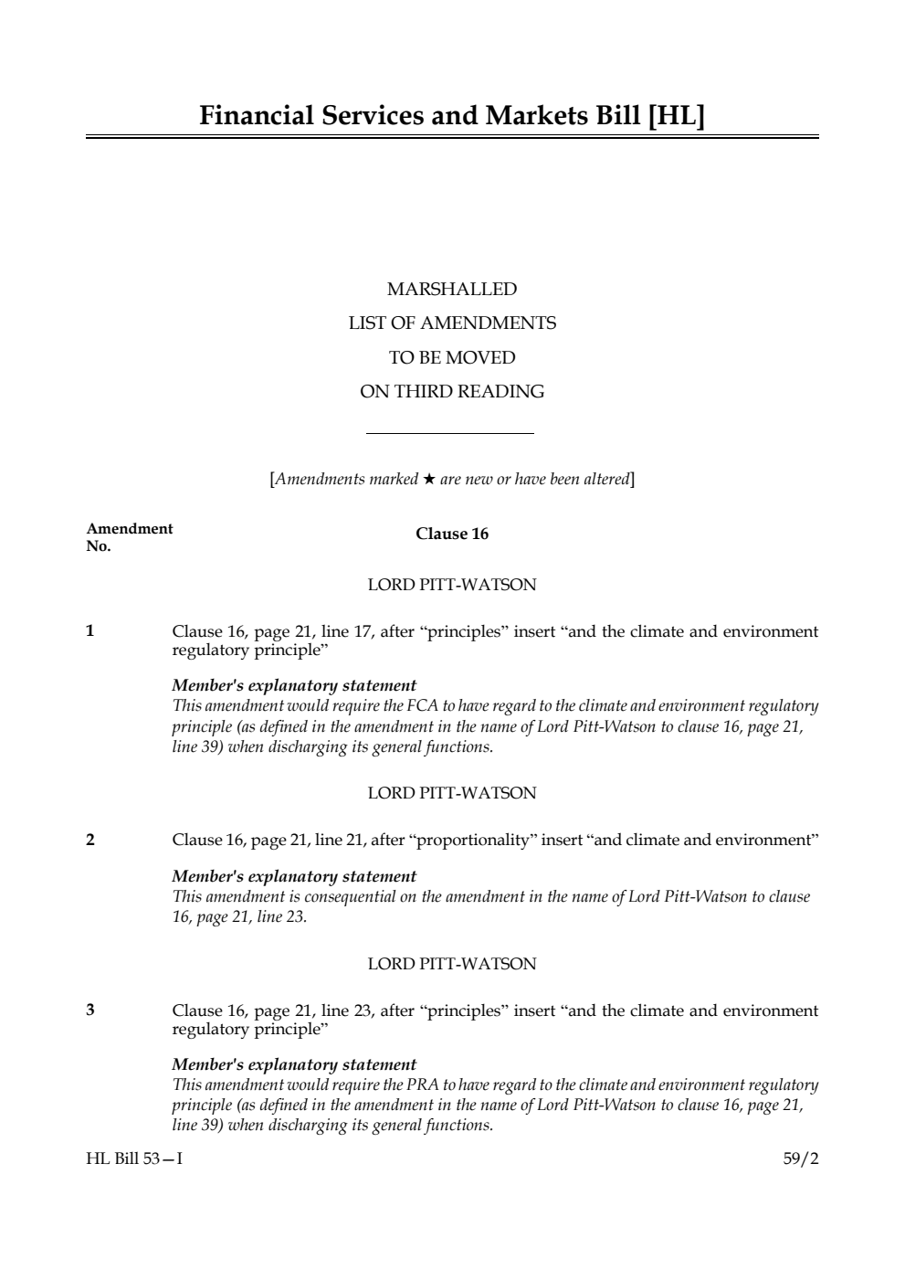 Financial Services and Markets Bill Marshalled List of amendments to be moved on third reading