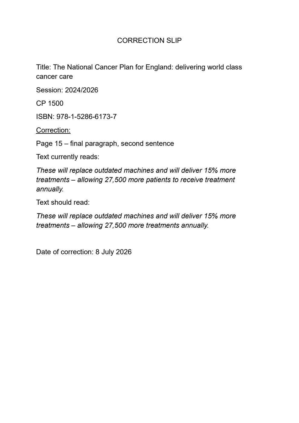 The National Cancer Plan for England: delivering world class cancer care. 2nd Correction Slip, July 2026
