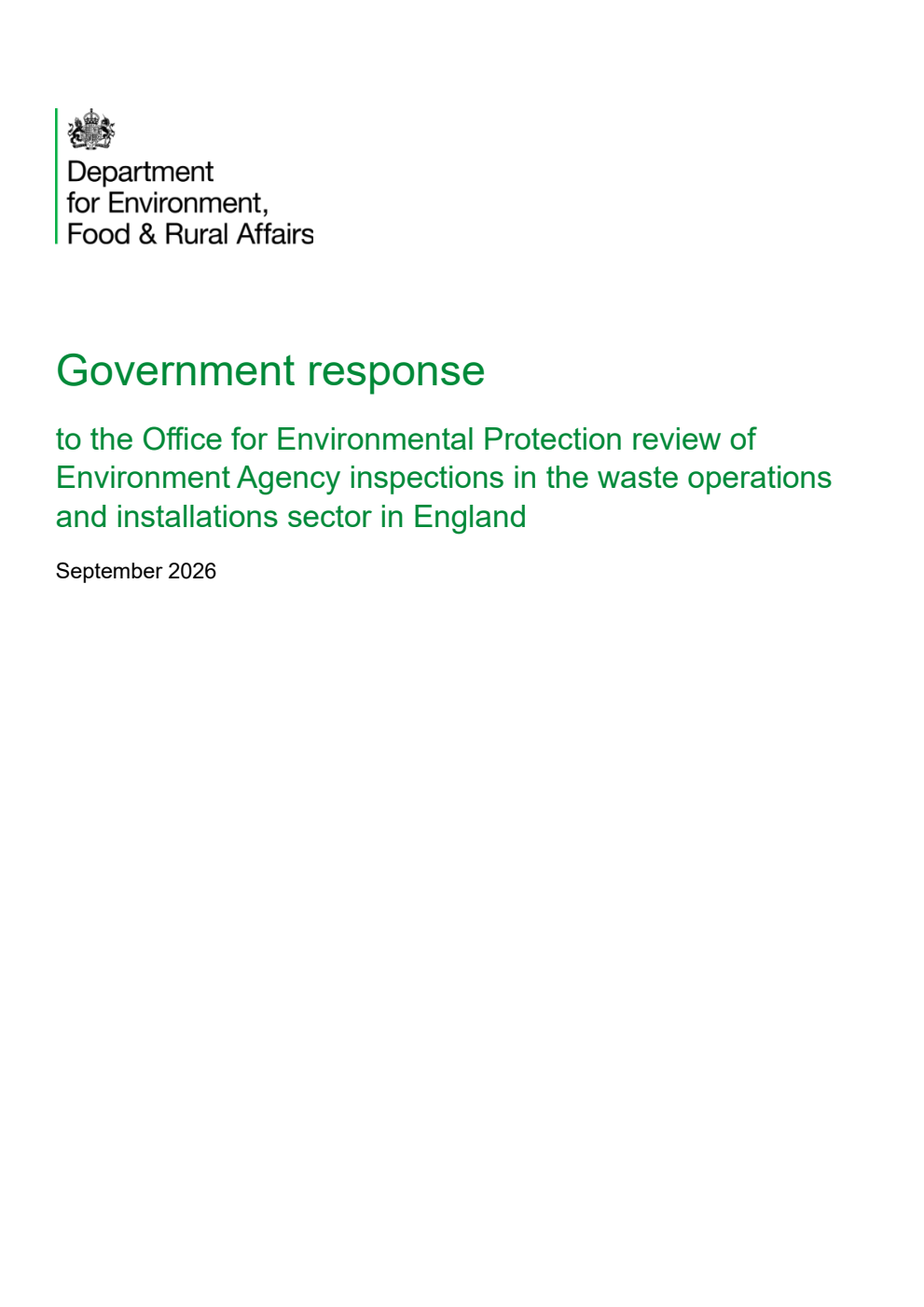 Government response to the Office for Environmental Protection review of Environment Agency inspections in the waste operations and installations sector in England