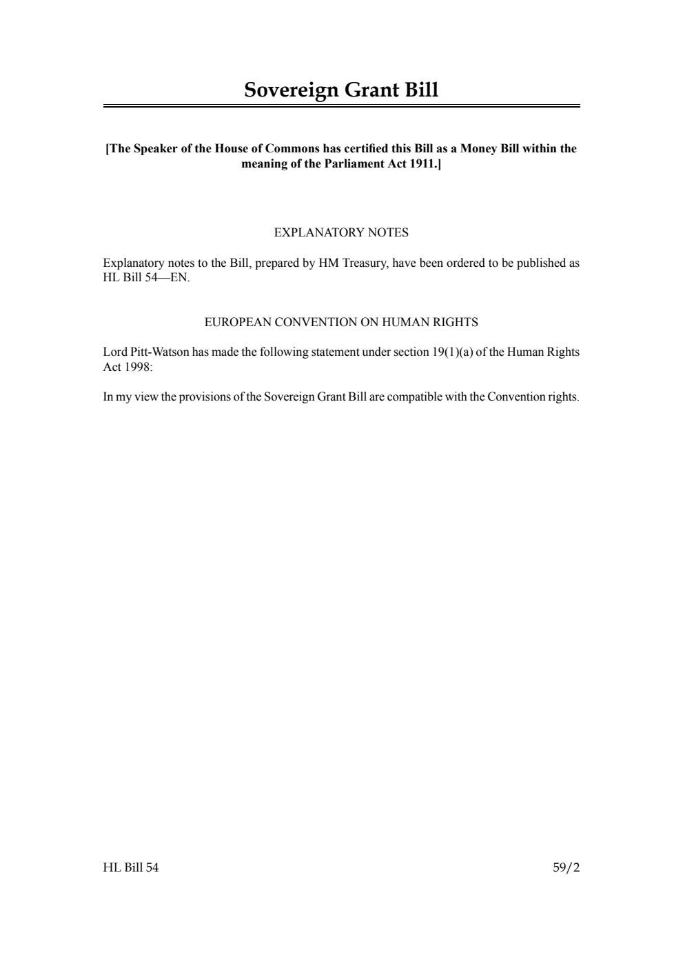 Sovereign Grant Bill [as brought from the Commons]