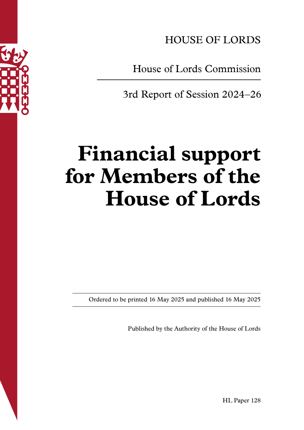 House of Lords Commission 3rd Report. Financial support for Members of the House of Lords