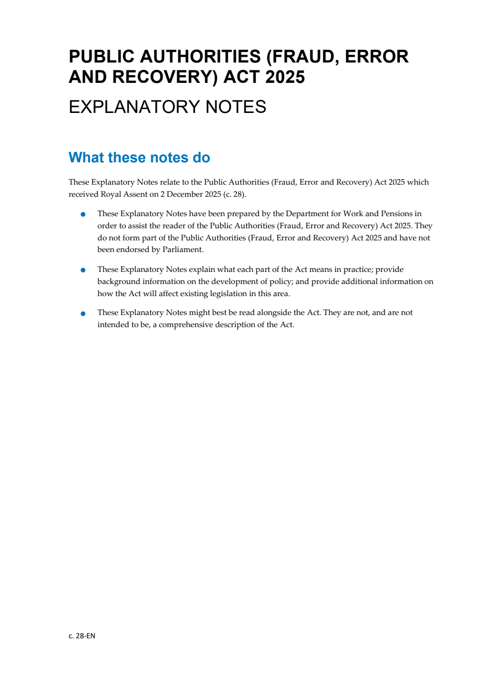 Public Authorities (Fraud, Error and Recovery) Act 2025: Chapter 28 Explanatory Notes