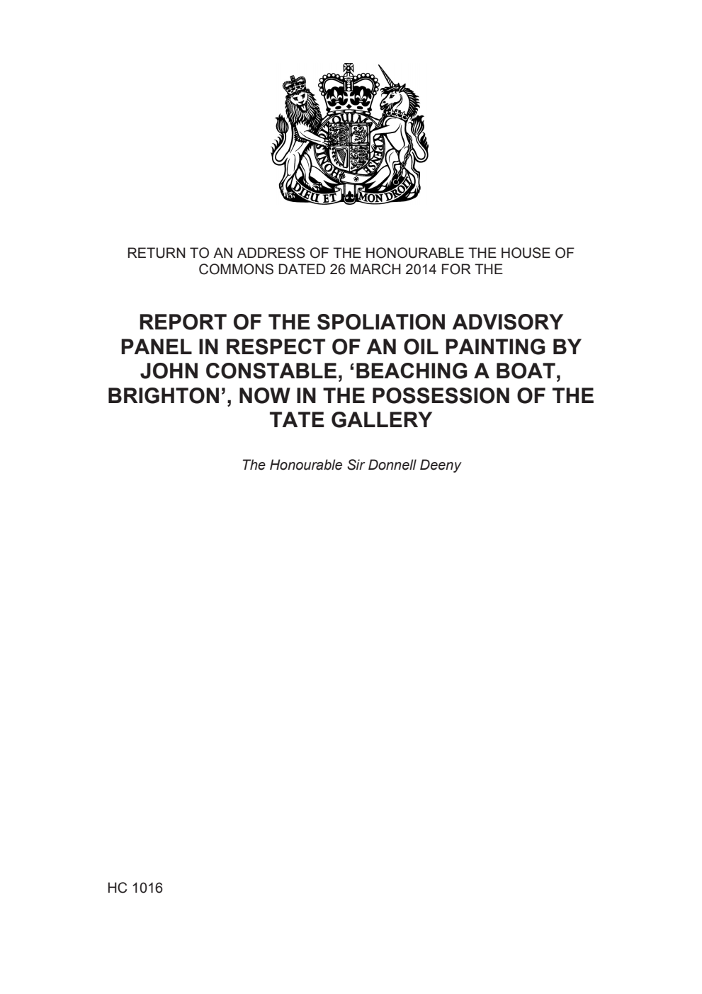 Report of the Spoliation Advisory Panel in respect of an oil painting by John Constable, 'Beaching a Boat, Brighton', now in the possession of the Tate Gallery