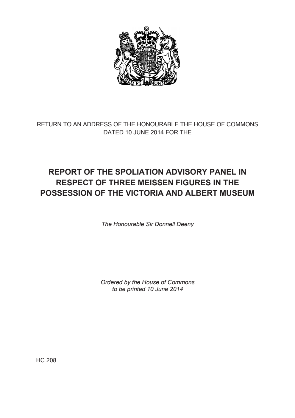 Report of the Spoliation Advisory Panel in respect of three Meissen figures in the possession of the Victoria and Albert Museum