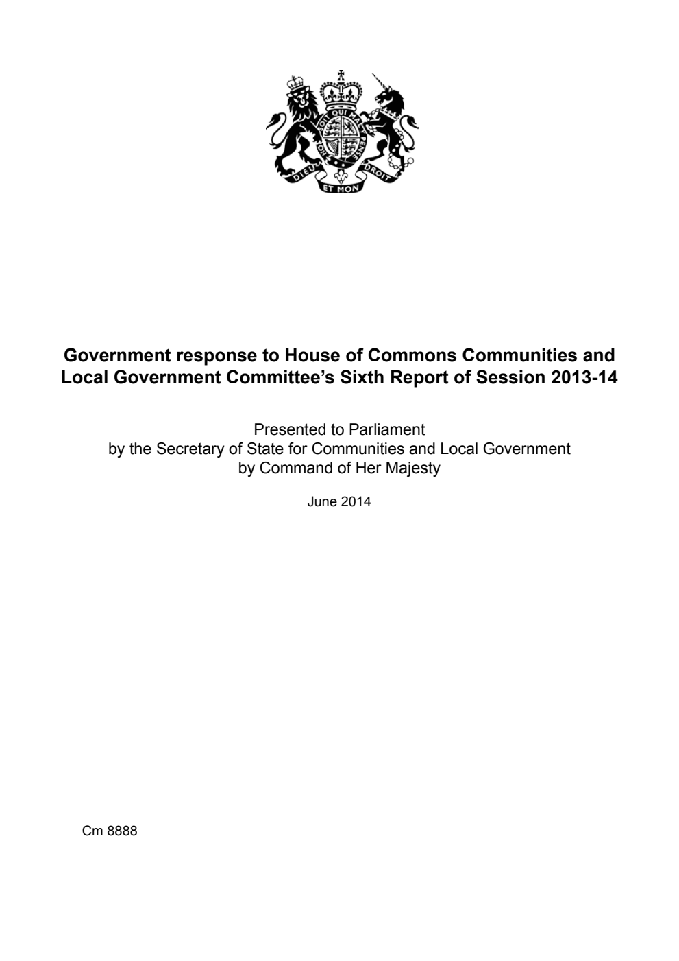 Government response to House of Commons Communities and Local Government Committee’s 6th Report of Session 2013-14