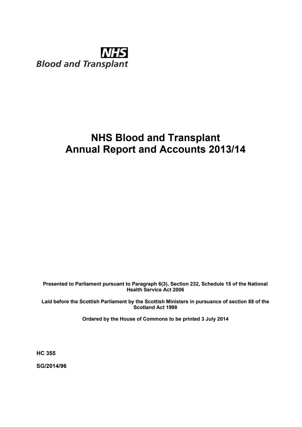 NHS Blood and Transplant Annual Report and Accounts 2013/14