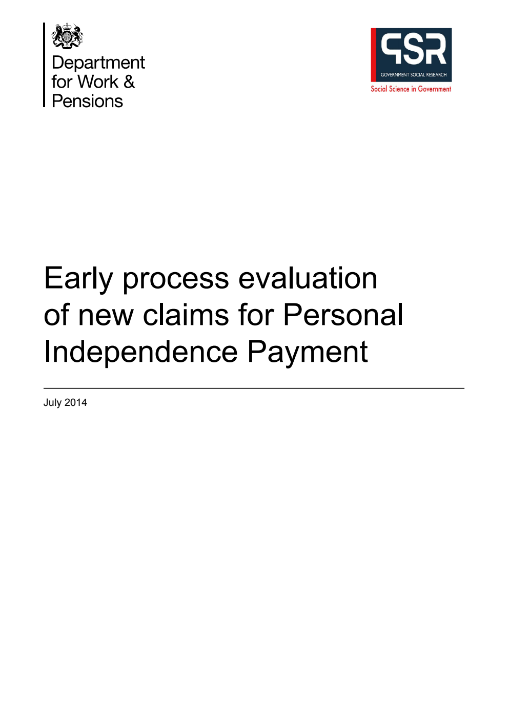 Research Report 867 Early process evaluation of new claims for Personal Independence Payment