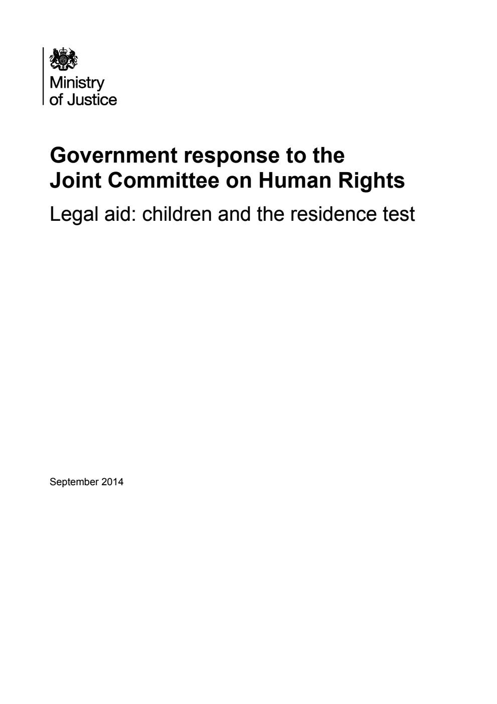 Government response to the Joint Committee on Human Rights Legal aid: children and the residence test