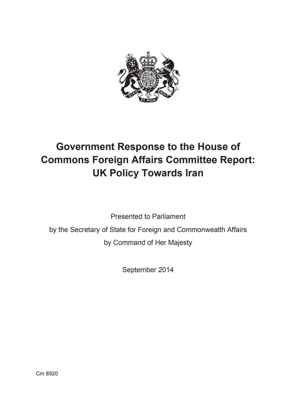 Government Response to the House of Commons Foreign Affairs Committee Report: UK Policy Towards Iran