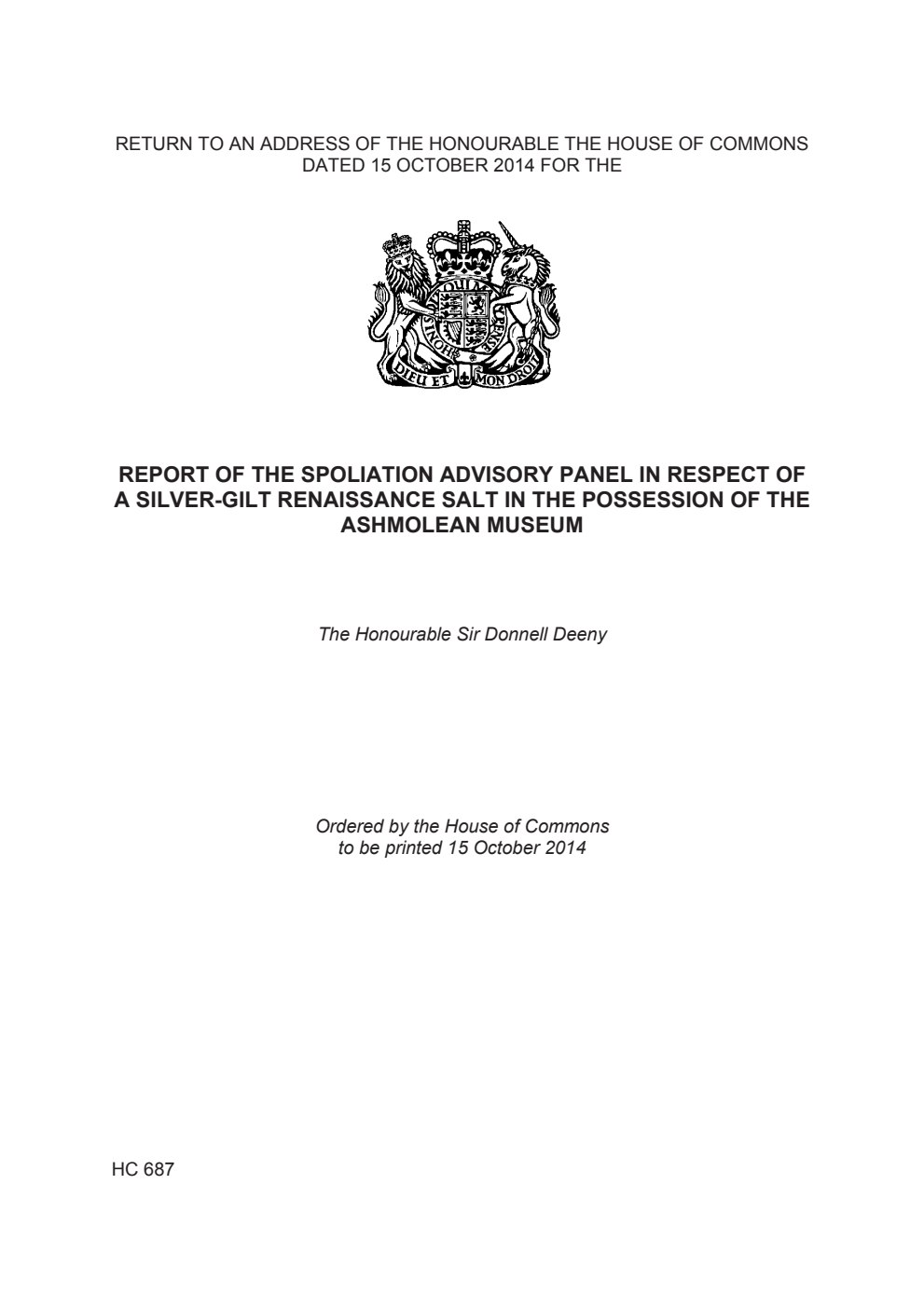 Report of the Spoliation Advisory Panel in Respect of a Silver-Gilt Renaissance Salt in the Possession of the Ashmolean Museum