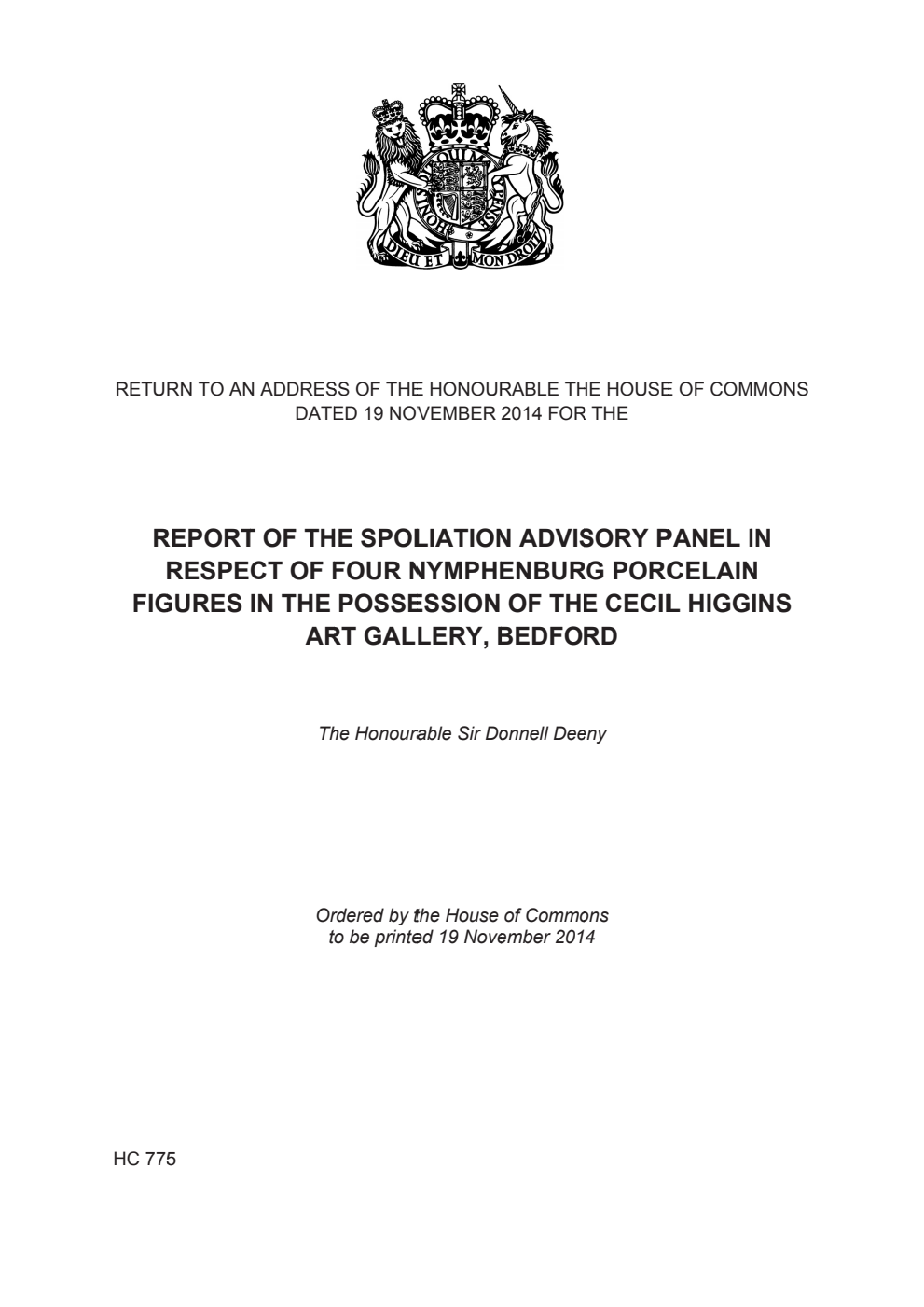 Report of the Spoliation Advisory Panel in respect of four Nymphenburg porcelain Figures in the Possession of the Cecil Higgins Art Gallery, Bedford