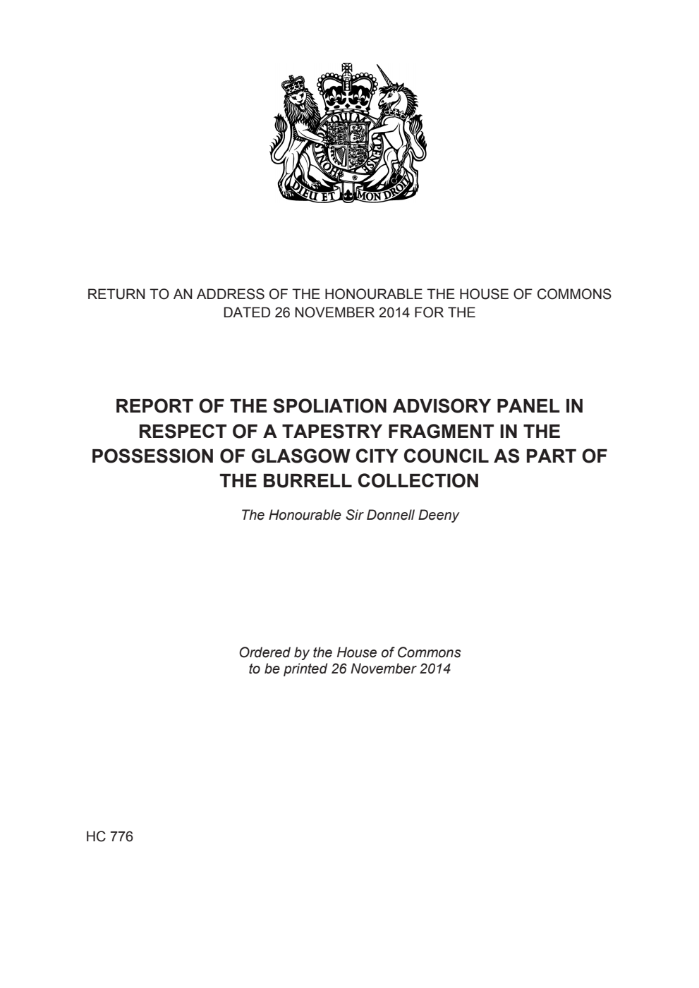 Report of the Spoliation Advisory Panel in respect of a Tapestry fragment in the possession of Glasgow City Council as part of the Burrell Collection