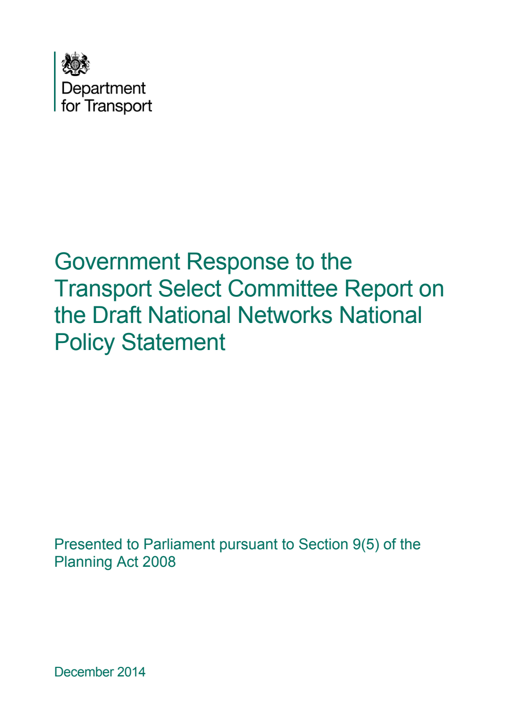 Government Response to the Transport Select Committee Report on the Draft National Networks National Policy Statement