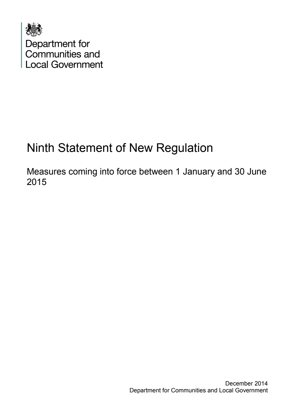 Ninth Statement of New Regulation: Measures coming into force between 1 January and 30 June 2015