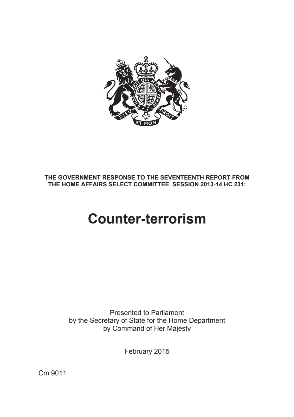 The Government Response to the 17th Report from the Home Affairs Select Committee Session 2013-14 HC 231: Counter-terrorism