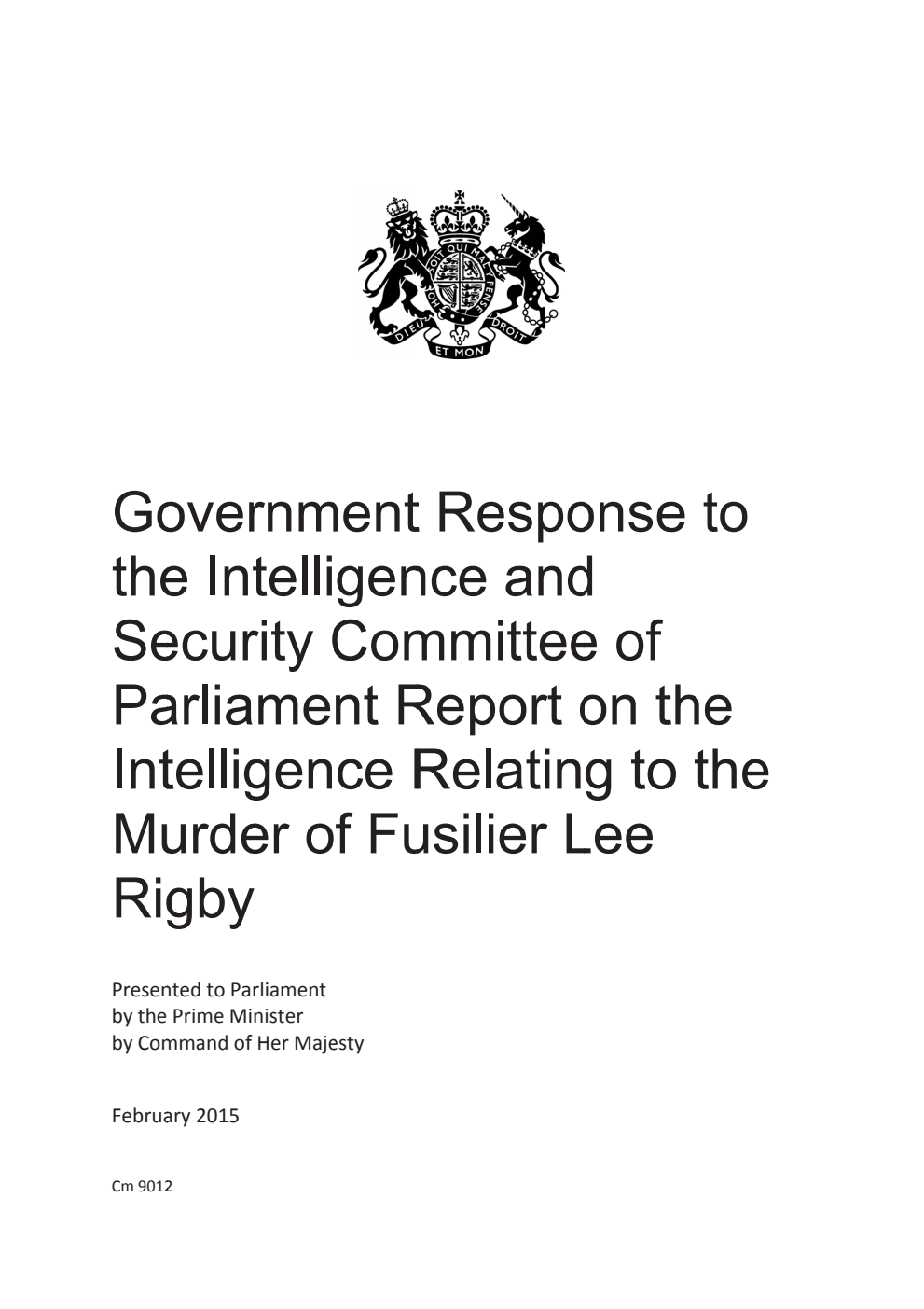 Government Response to the Intelligence and Security Committee of Parliament Report on the Intelligence Relating to the Murder of Fusilier Lee Rigby