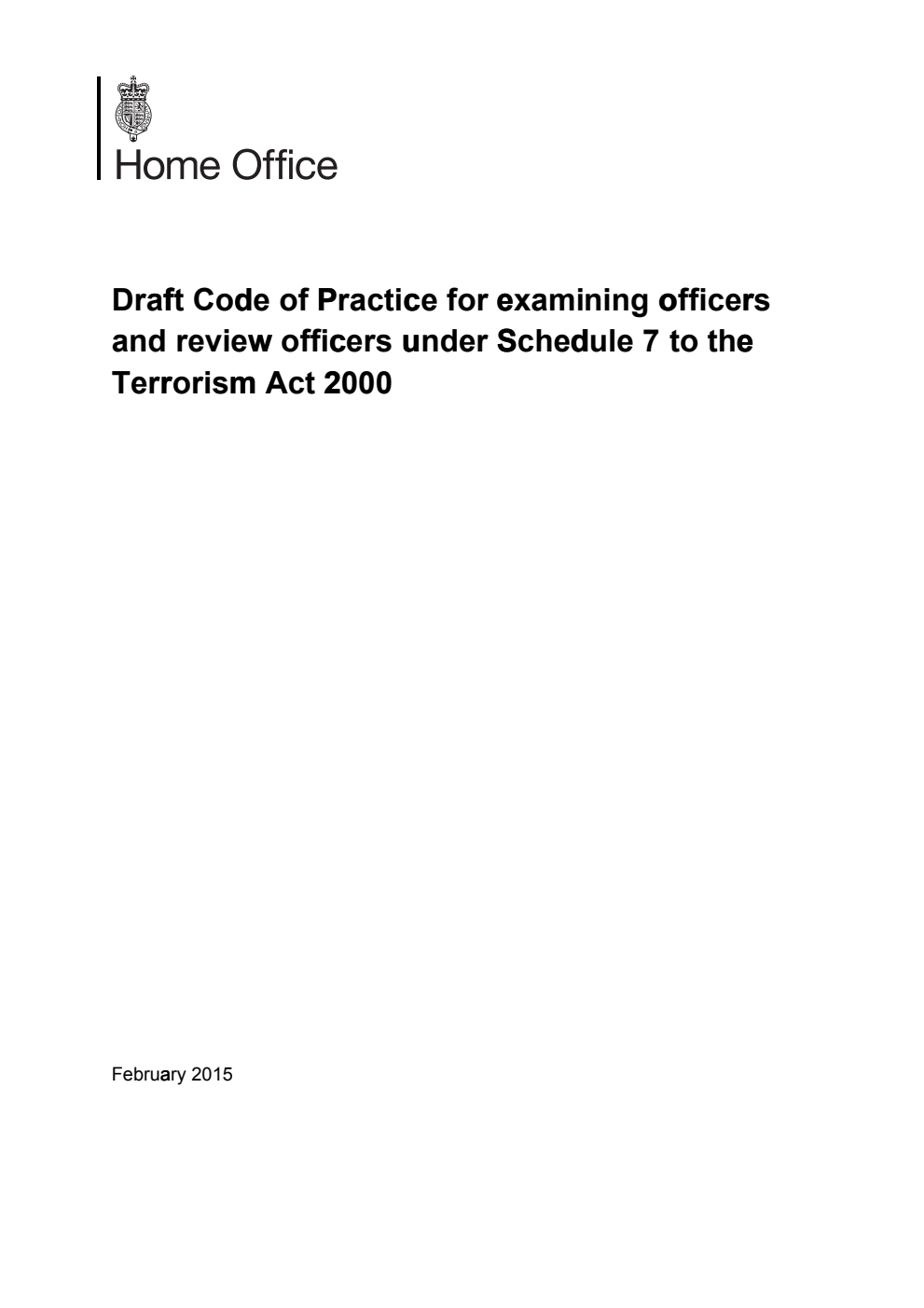 Draft Code of Practice for examining officers and review officers under Schedule 7 to the Terrorism Act 2000