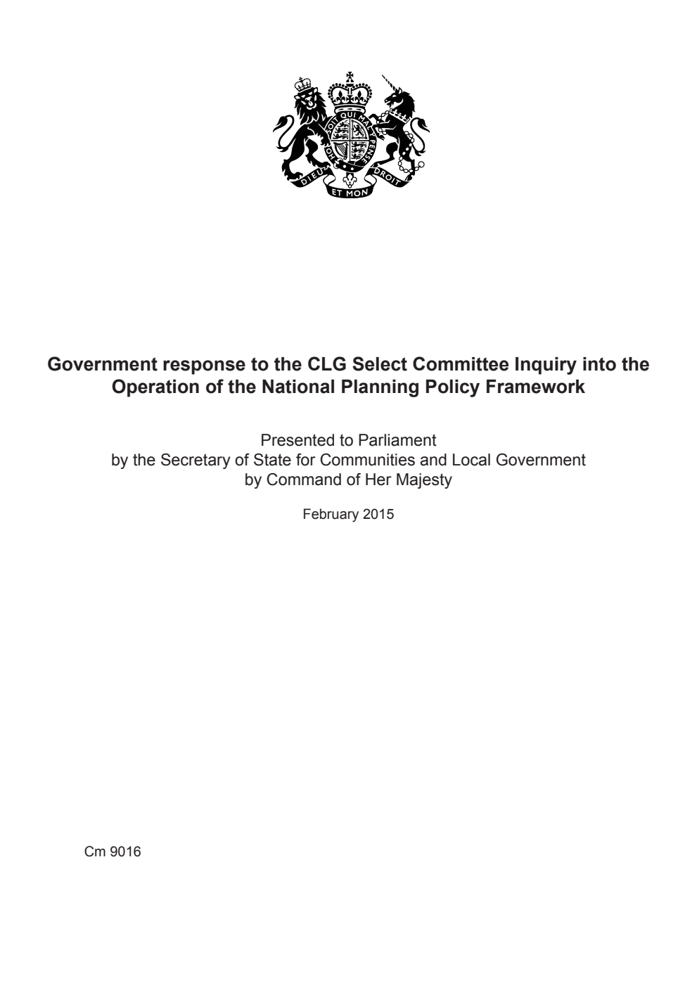 Government response to the CLG Select Committee Inquiry into the Operation of the National Planning Policy Framework