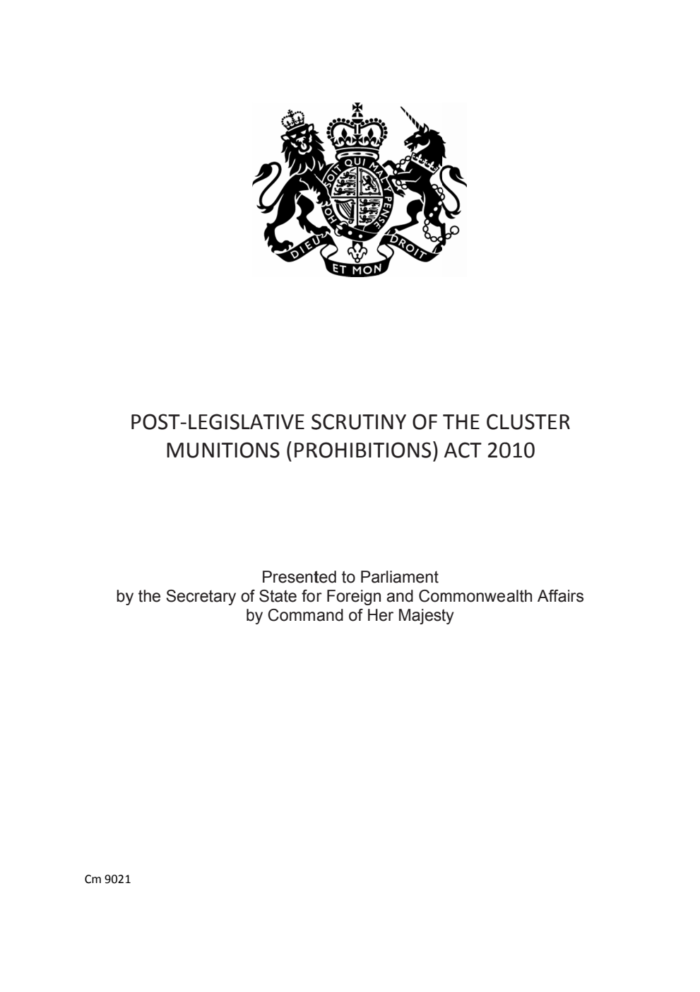 Post-legislative Scrutiny of the Cluster Munitions (Prohibitions) Act 2010
