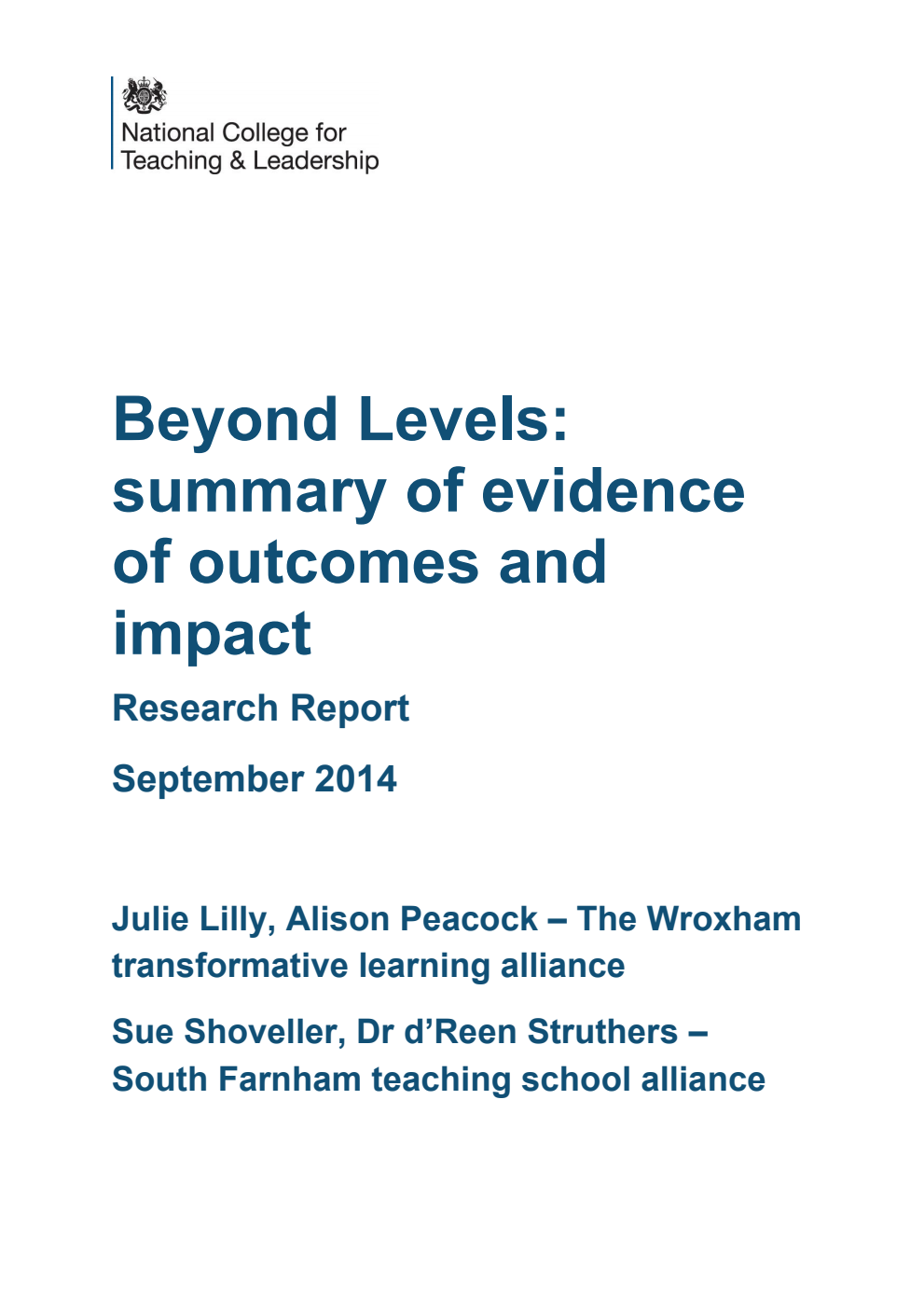 DFE-RR375B Beyond Levels: summary of evidence of outcomes and impacts. Research Report September 2014