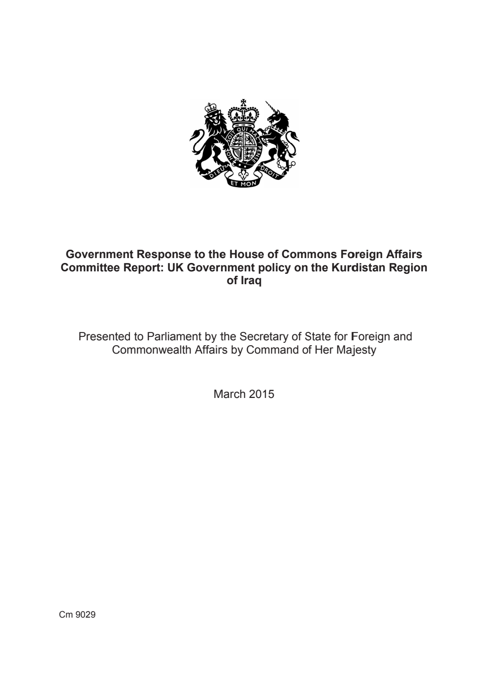Goverment Response to the House of Commons Foreign Affairs Committee Report: UK Government policy on the Kurdistan Region of Iraq