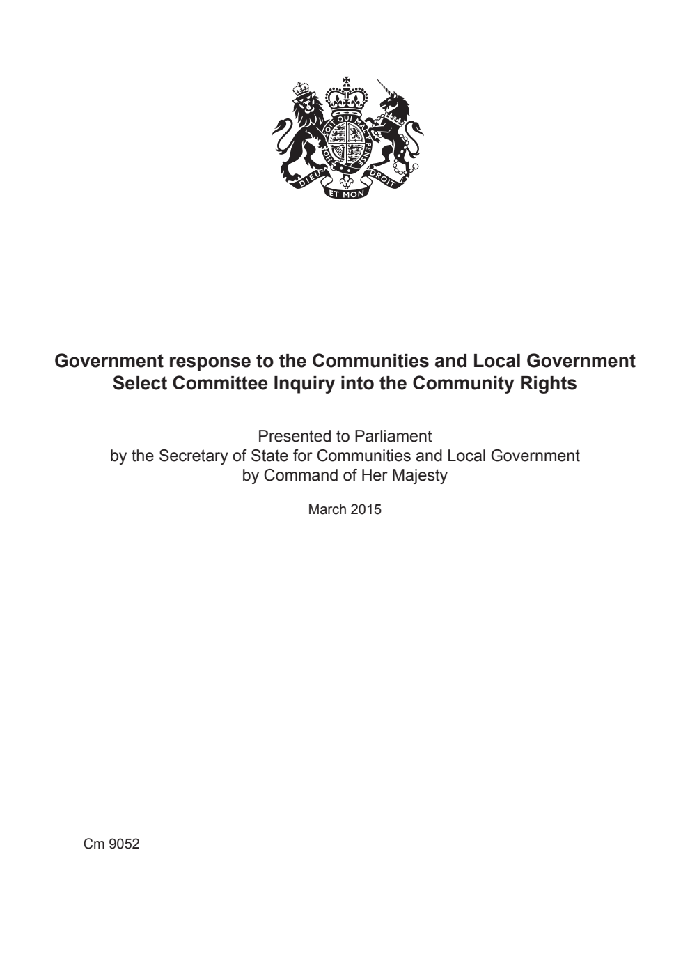 Government response to the Communities and Local Government Select Committee Inquiry into the Community Rights