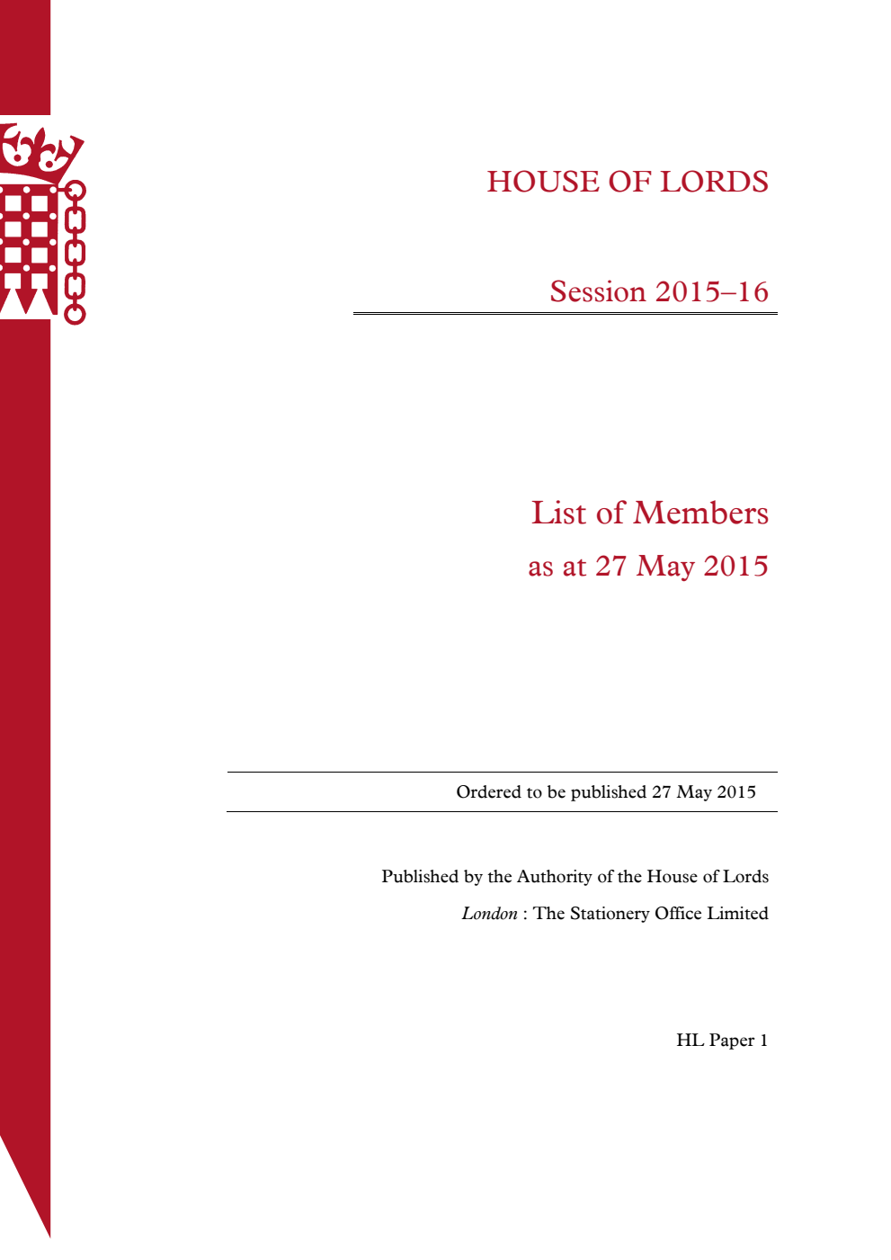 House of Lords: List of members as at 27 May 2015
