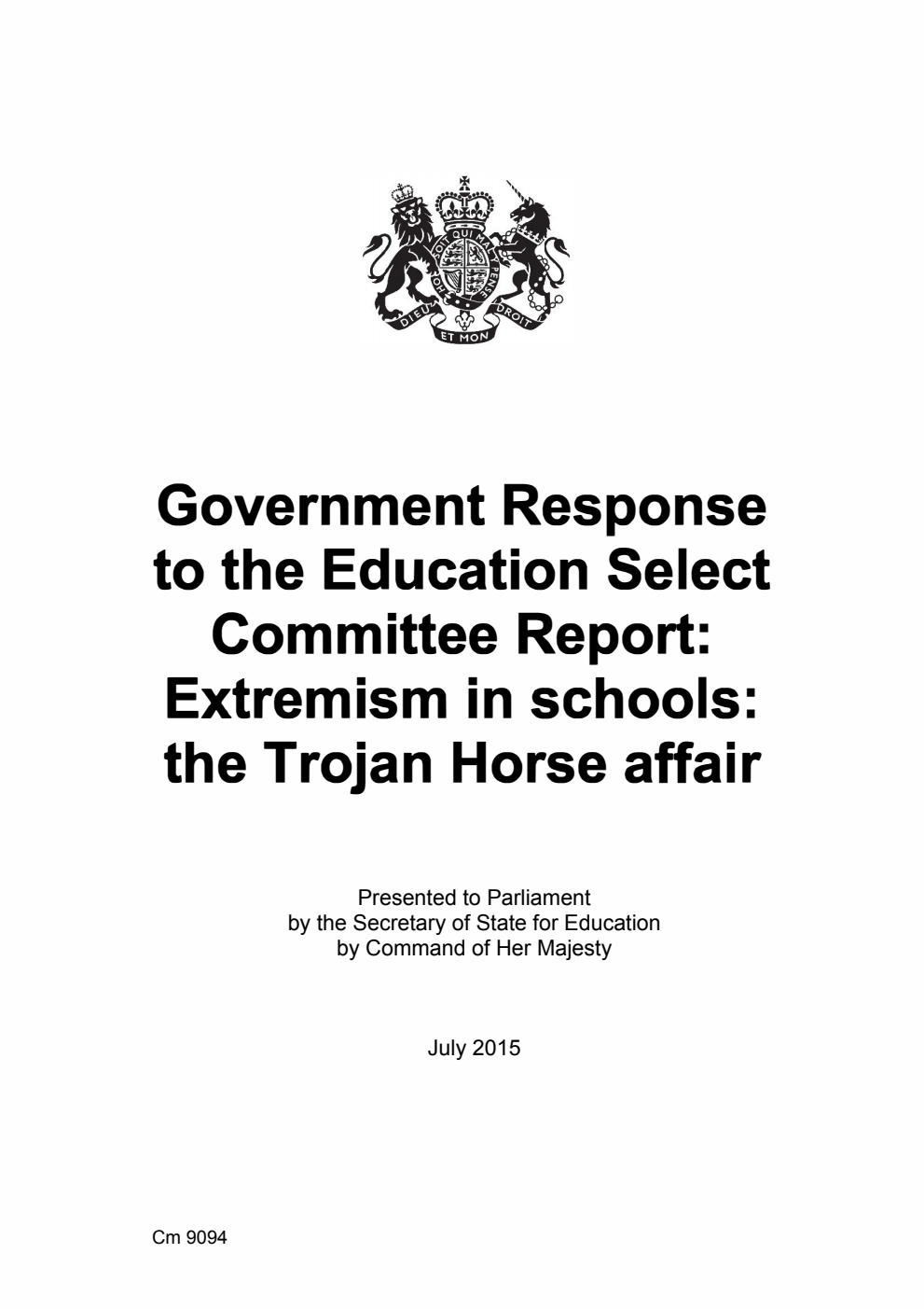Government Response to the Education Select Committee Report: Extremism in schools: the Trojan Horse affair