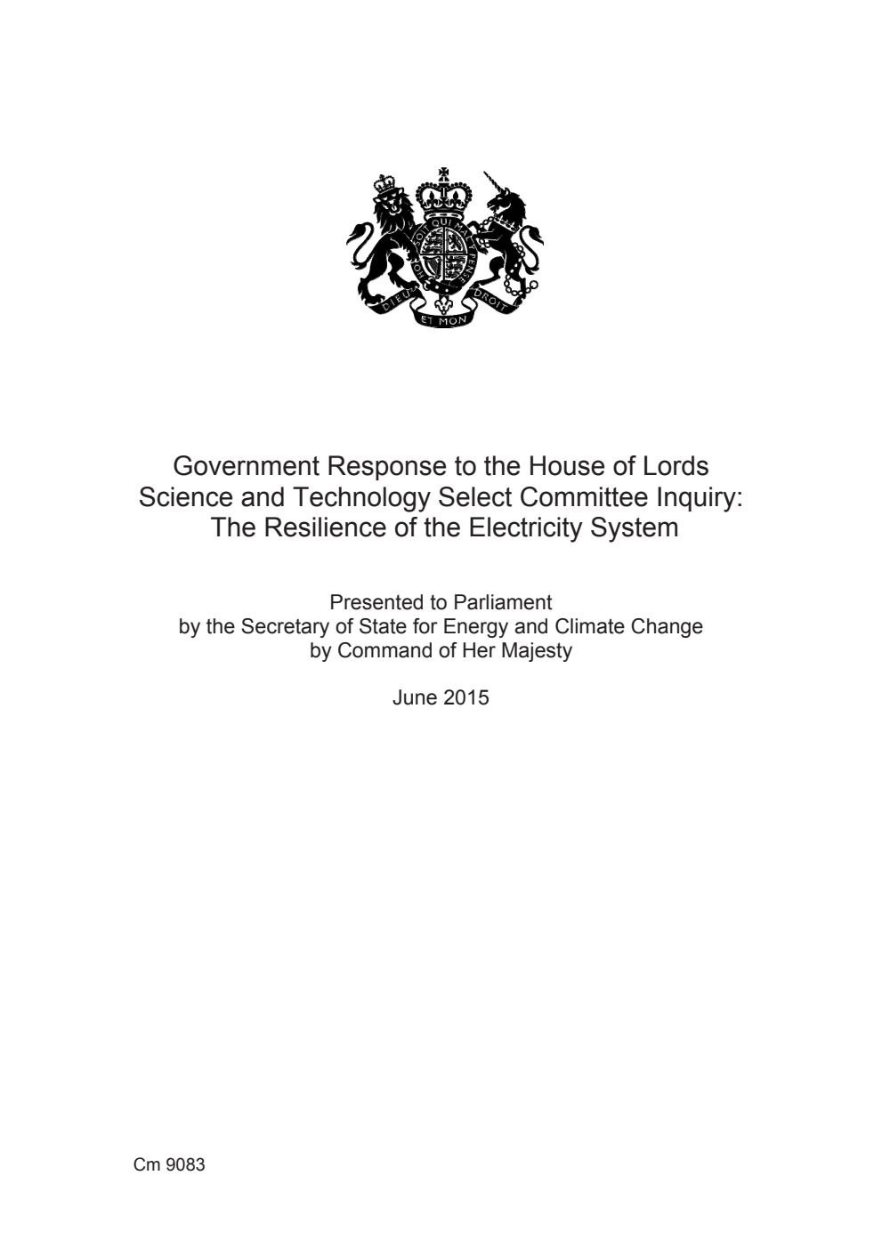 Government Response to the House of Lords Science and Technology Select Committee Inquiry: The Resilience of the Electricity System