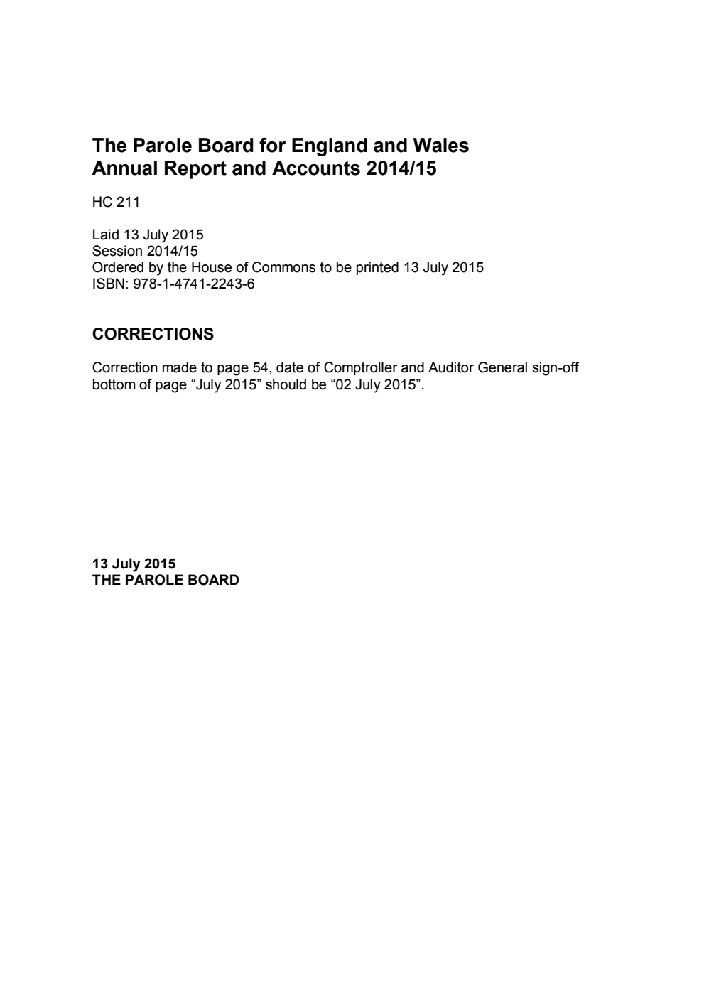 The Parole Board for England and Wales Annual Report and Accounts 2014/15