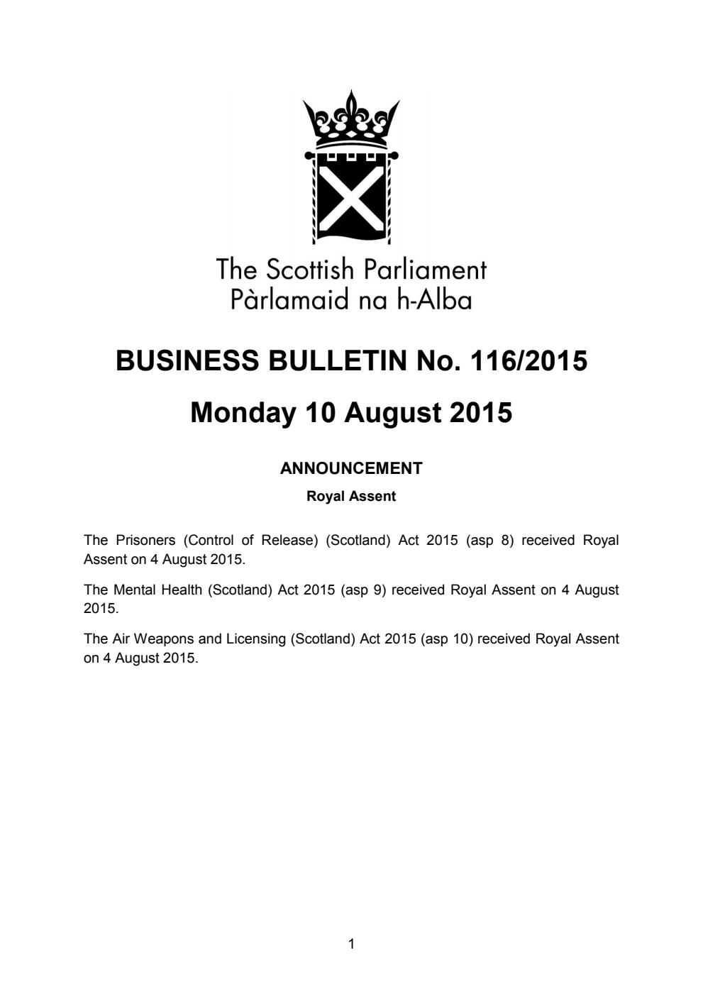 Business Bulletin No. 116/2015, Monday 10 August 2015