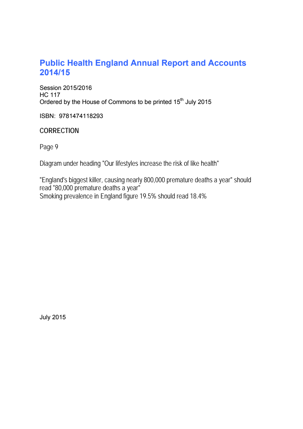 Public Health England Annual Report and Accounts 2014/15 Correction Slip, July 2015