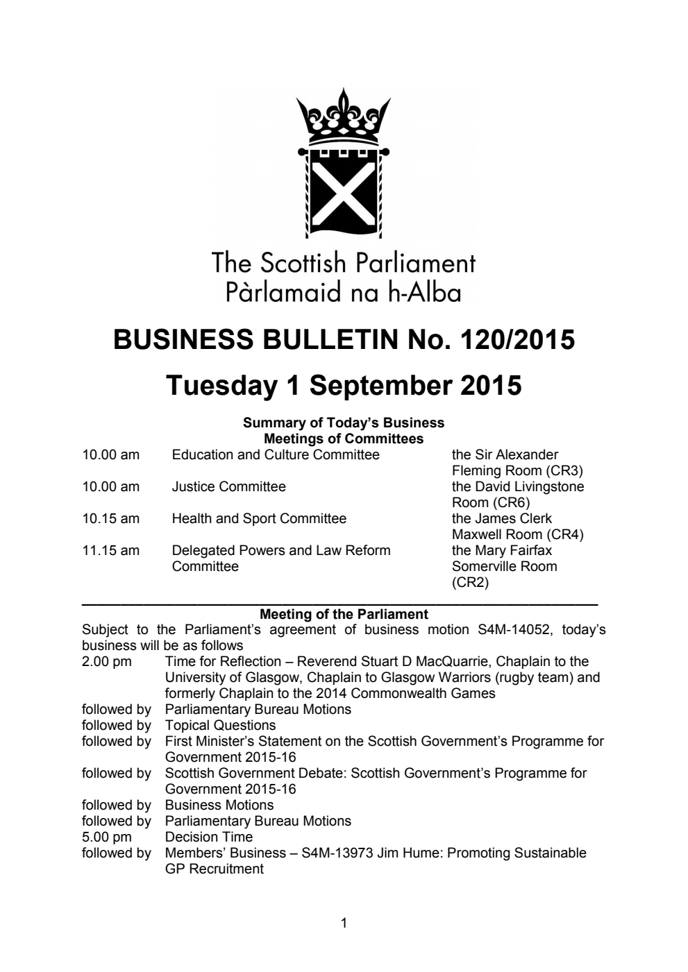 Business Bulletin No. 120/2015, Tuesday 1 September 2015