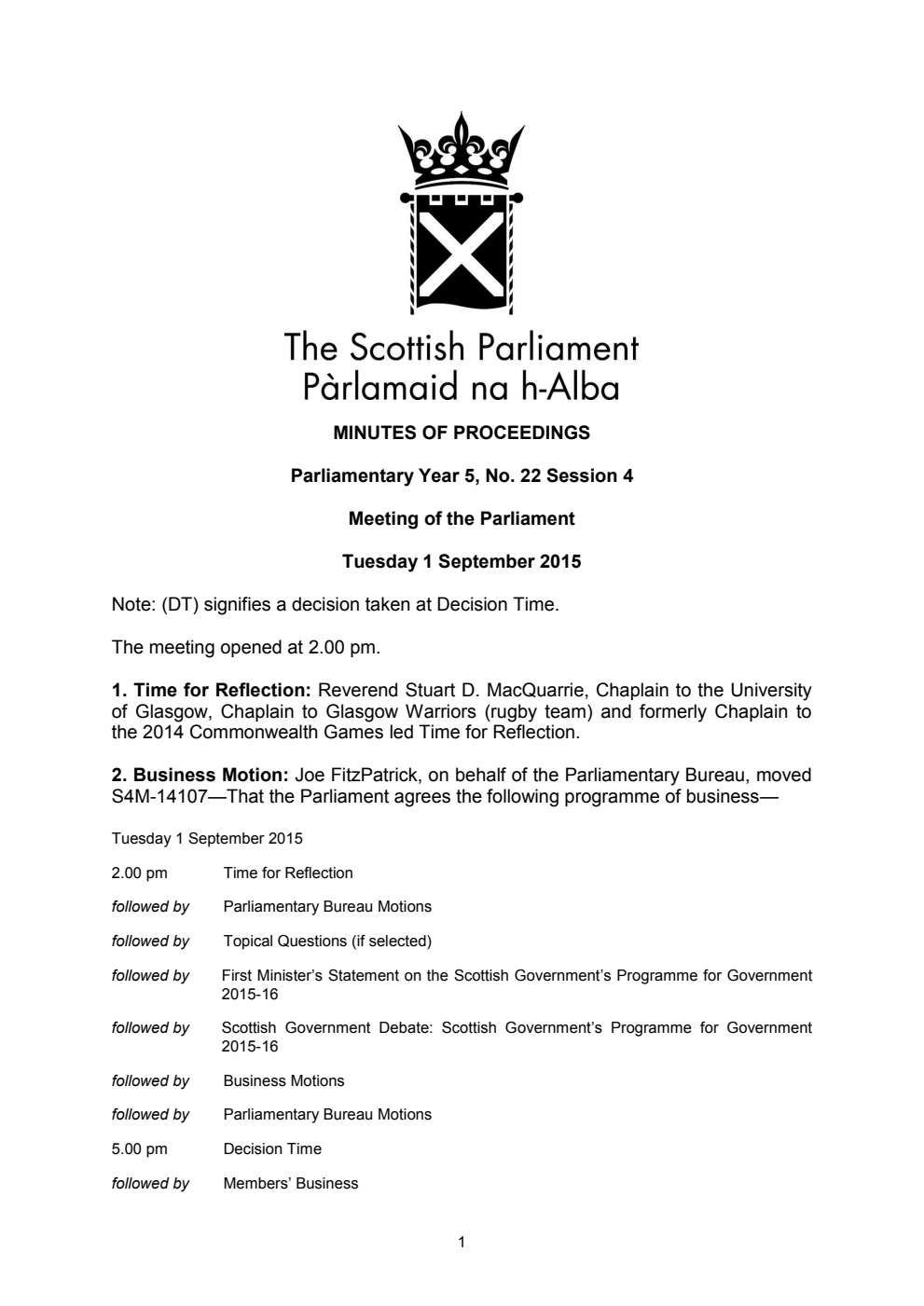 Minutes of Proceedings 1 September 2015 Vol. 5, No. 22 Session 4