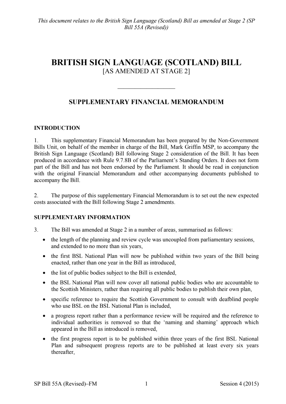 British Sign Language (Scotland) Bill Supplementary Financial Memorandum