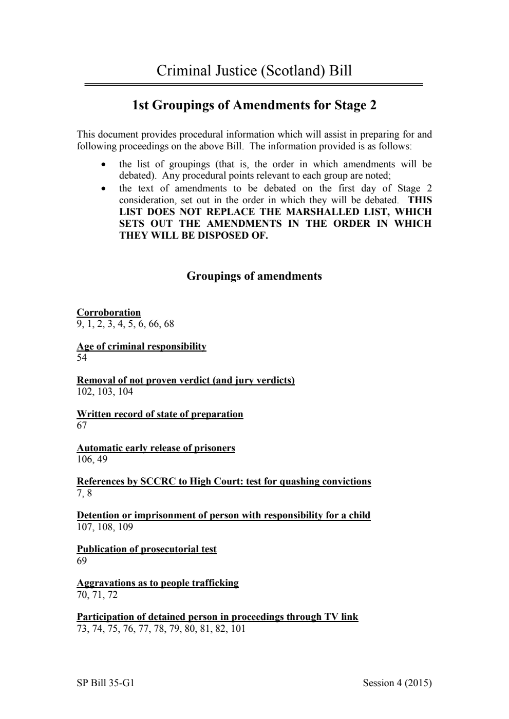 Criminal Justice (Scotland) Bill 1st Groupings of Amendments for Stage 2