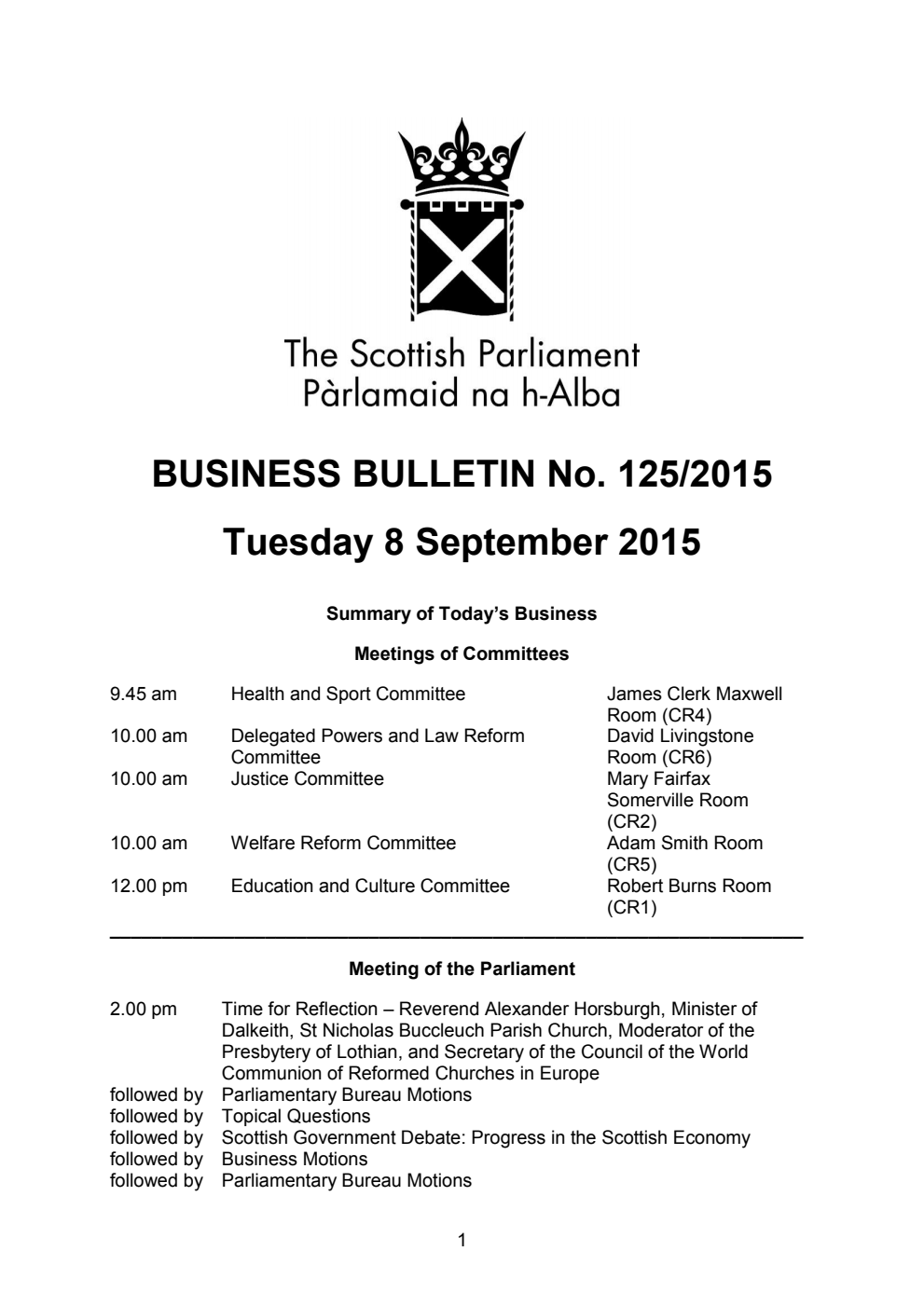 Business Bulletin No. 125/2015, Tuesday 8 September 2015