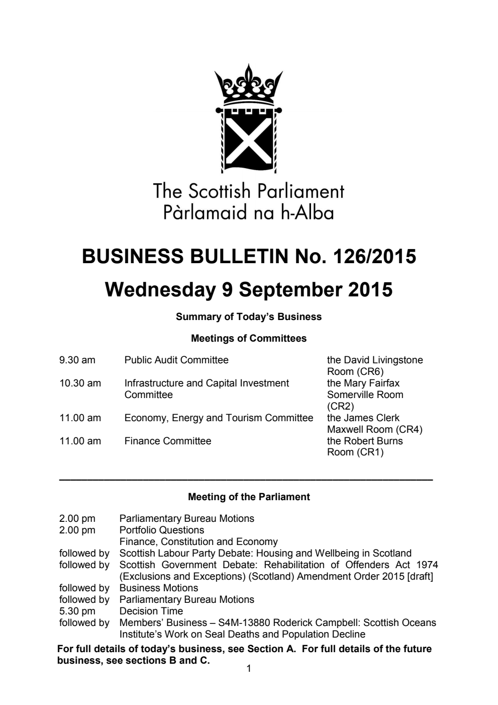 Business Bulletin No. 126/2015, Wednesday 9 September 2015