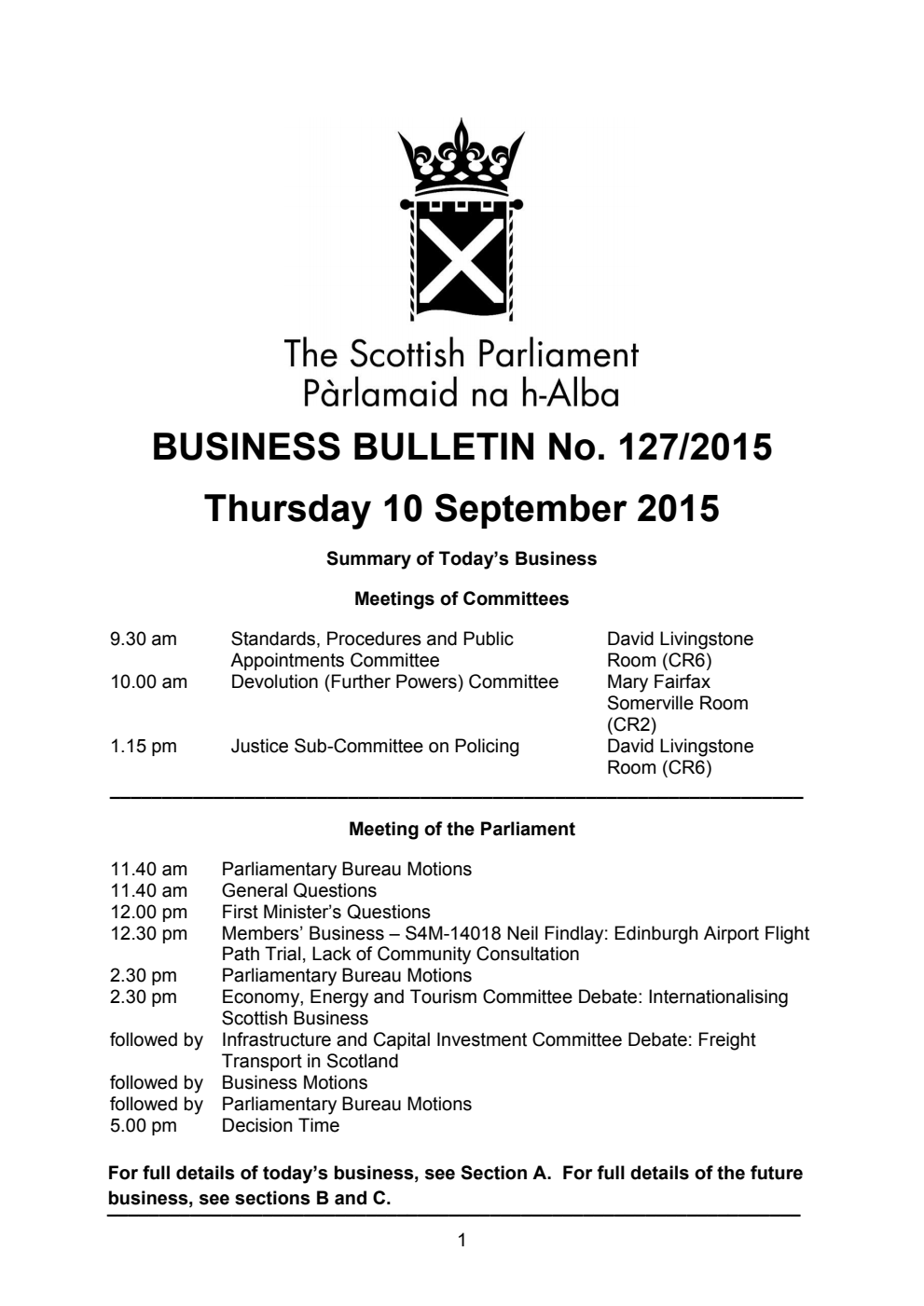 Business Bulletin No. 127/2015, Thursday 10 September 2015