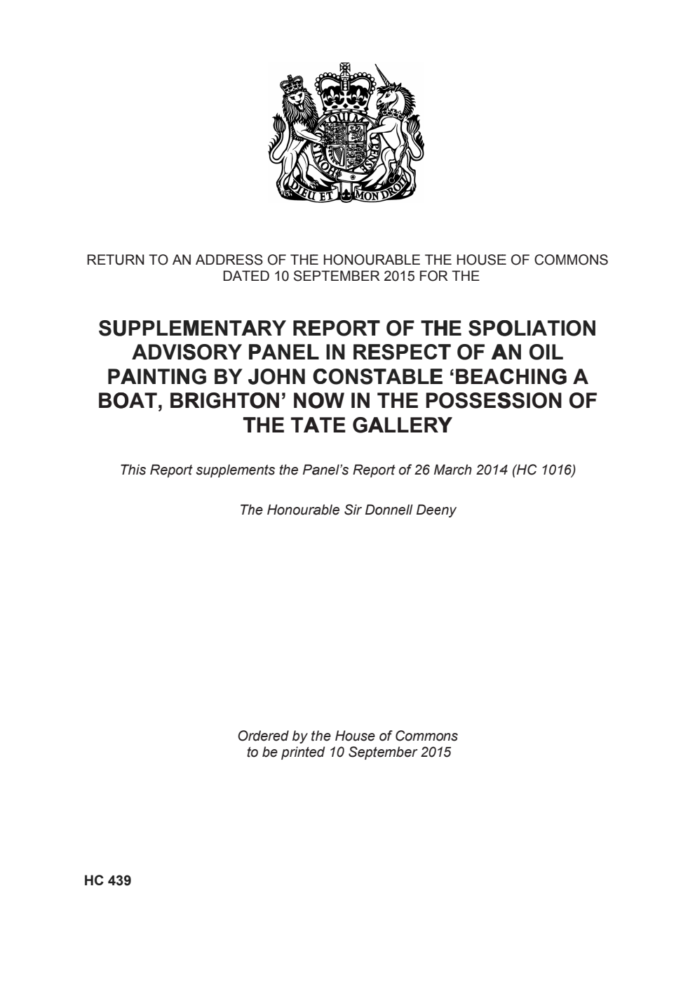 Supplementary report of the Spoliation Advisory Panel in respect of an oil painting by John Constable 'Beaching a Boat, Brighton', now in the possession of the Tate Gallery