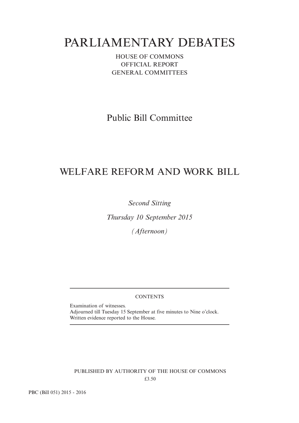 Welfare Reform and Work Public Bill Committee 2nd Sitting 10th September 2015 PM