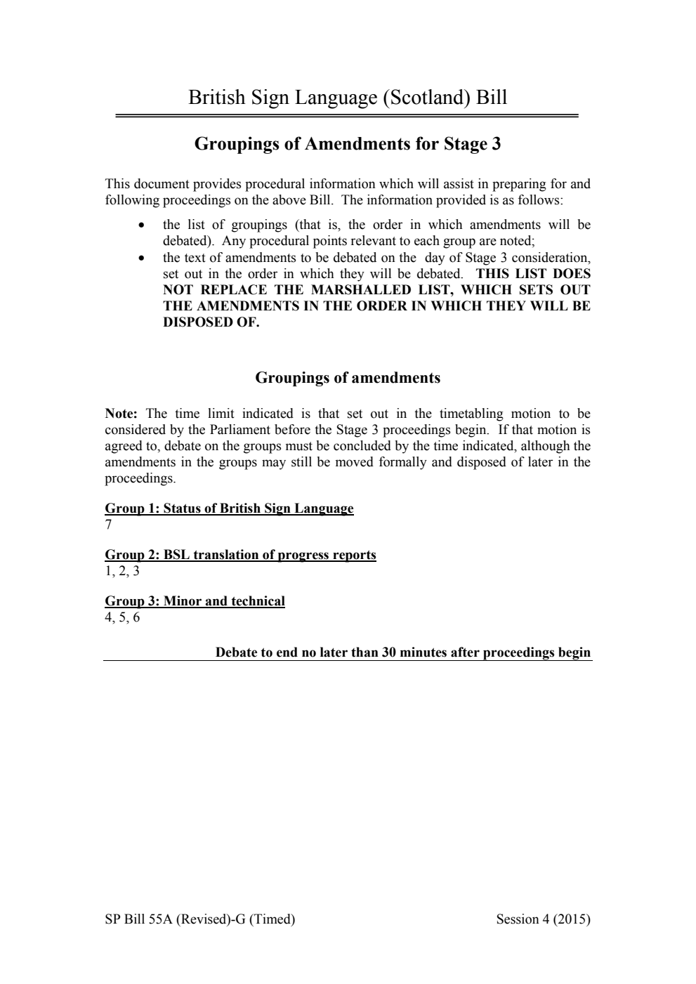 British Sign Language (Scotland) Bill Groupings of Amendments for Stage 3