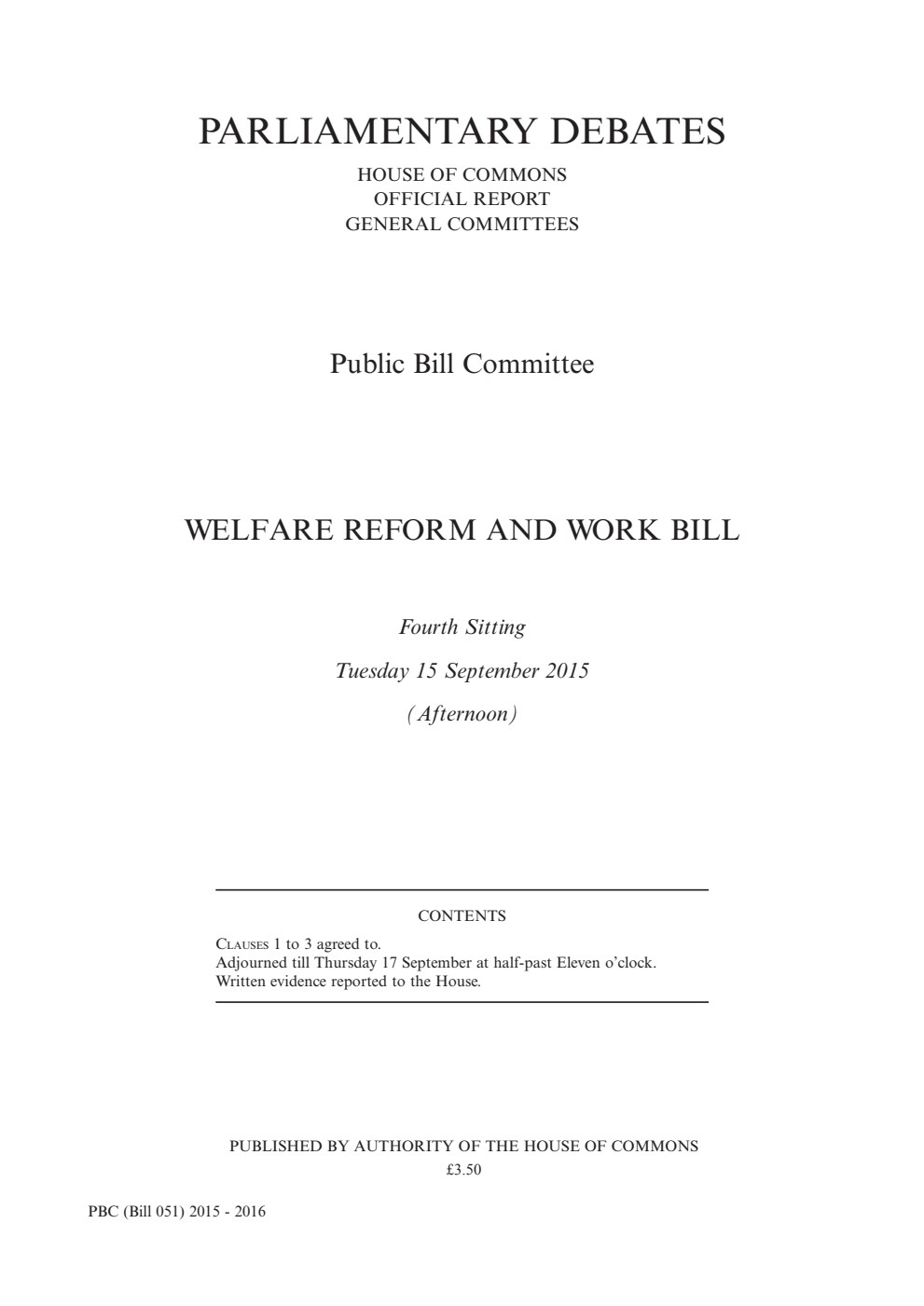 Welfare Reform and Work Public Bill Committee 4th Sitting 15th September 2015 PM